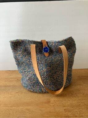Multicolor Knit Tote with Tan Leather Straps and Blue Flower Accent